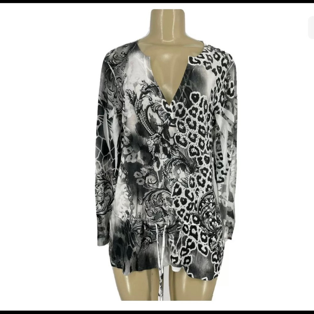Cache Size L Women Pullover V-neck Knit Top Animal Print with Silver Accents